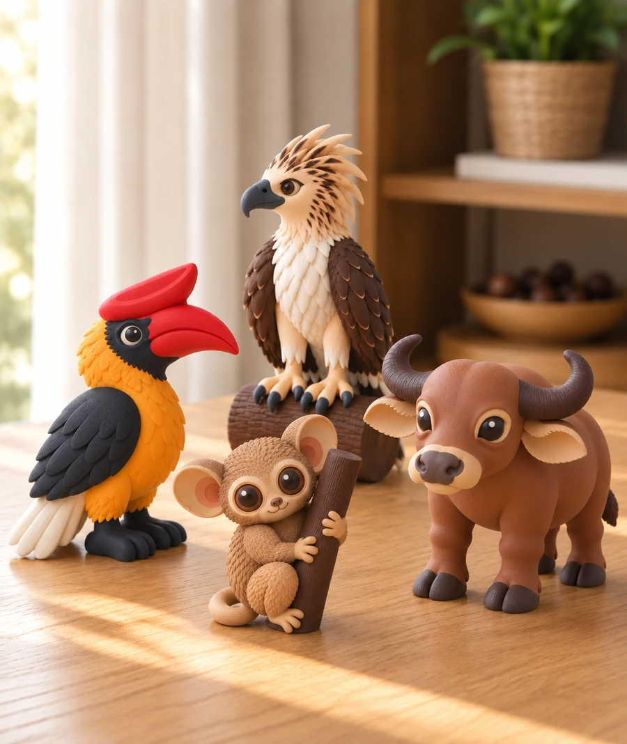 Four 3D-printed Philippine animal figures in a warm home setting.